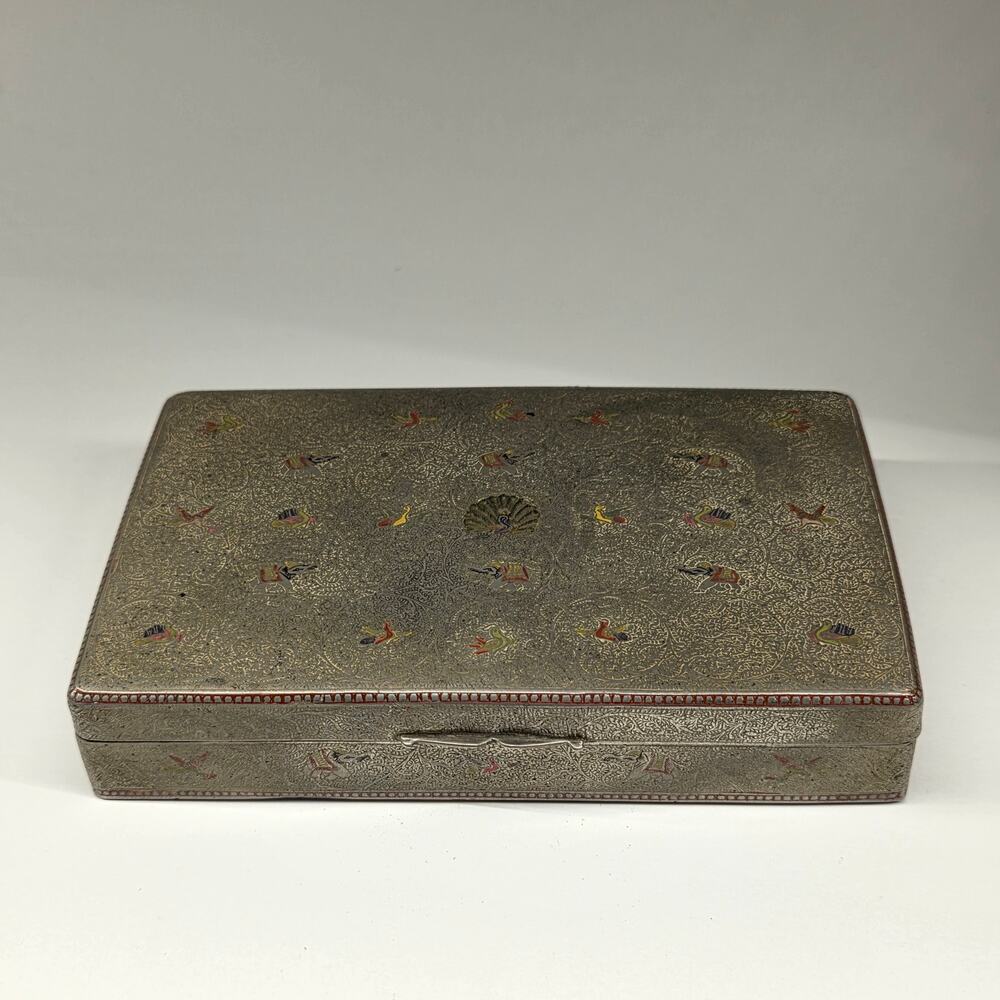 Vintage Silver Plated Cigarette Box Enamel Bird Design Wood Lined